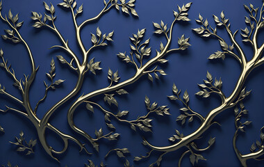Elegant gold and royal blue floral tree with seamless leaves hanging branches 3D illustration background. Generative AI