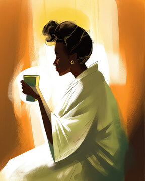 woman drinking coffee in white robe, calm, energize, warm, self care