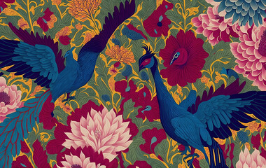 Exotic oriental pattern with peacocks and flowers Wallpaper. Multicolor floral with flower and bird wildlife peacocks interior mural wallpaper. Generative AI