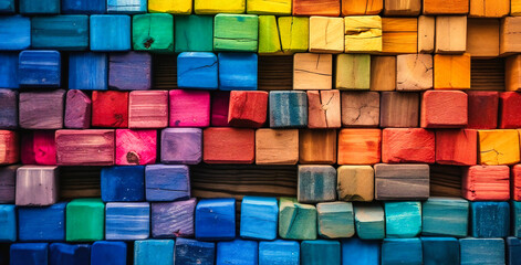 wooden construction background of rainbow colored pieces