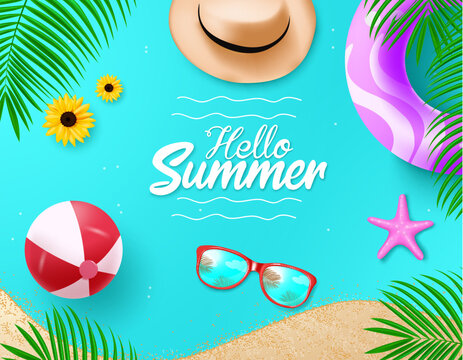 Summer text vector design background. Hello summer text with colorful beach elements like beachball, hat, sunglasses and floater for season. Vector illustration holiday season.  