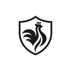 Rooster Chicken Wearing Crown Inside The Shield Logo Design, Abstract, Silhouette © Olinotila