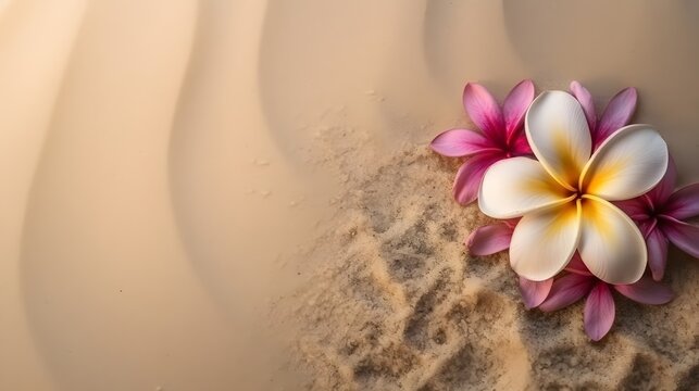 frangipani flowers on the sand, Plumeria flowers on the beach on the sand. Summer Background Ai generative