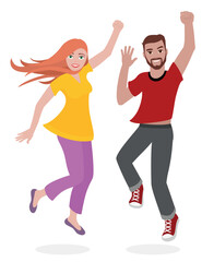 Happy, young, slim, sporty love couple in a fashionable outfit. Jumping bearded man and redhead woman, smiling and raising their arms. Isolated comic vector illustration on white background.
