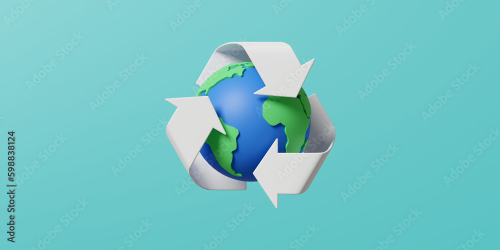 Poster 3D Earth with Recycle symbol. World environment and earth day concept. Minimal scene for mockup design. 3D rendering illustration.