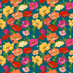 Seamless poppy flower pattern with hand drawn colored blooms on blue  background. Floral ornament for background, wallpaper, greeting card, packaging, printing, fabric, textiles. Vector illustration. 