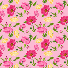 Seamless poppy flower pattern with hand drawn colored blooms on pink background. Floral ornament for background, wallpaper, greeting card, packaging, printing, fabric, textiles. Vector illustration. 