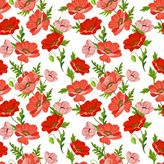 Seamless poppy flower pattern with hand drawn colored blooms on white  background. Floral ornament for background, wallpaper, greeting card, packaging, printing, fabric, textiles. Vector illustration.