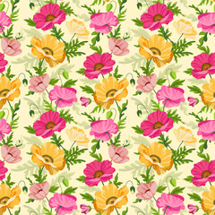 Seamless poppy flower pattern with hand drawn colored blooms on yellow background. Floral ornament for background, wallpaper, greeting card, packaging, printing, fabric, textiles. Vector illustration.