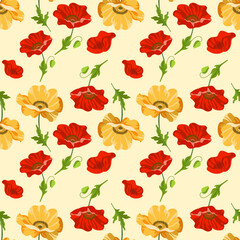 Seamless poppy flower pattern with hand drawn colored blooms on yellow background. Floral ornament for background, wallpaper, greeting card, packaging, printing, fabric, textiles. Vector illustration.