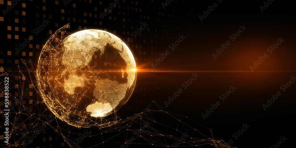 Poster Abstract glowing polygonal globe on blurry dark wide background with mock up place. Global technology and metaverse concept. 3D Rendering.