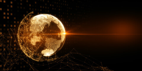 Abstract glowing polygonal globe on blurry dark wide background with mock up place. Global technology and metaverse concept. 3D Rendering.