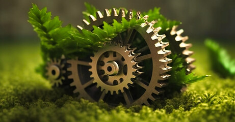 a plant is growing inside of gear wheels