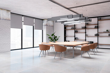 Bright light meeting room interior with window and cirty view, equipment and furniture. 3D Rendering.