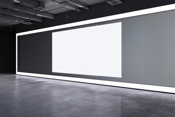 Modern dark grunge concrete exhibition hall interior with blank white mock up banner on wall. 3D Rendering.