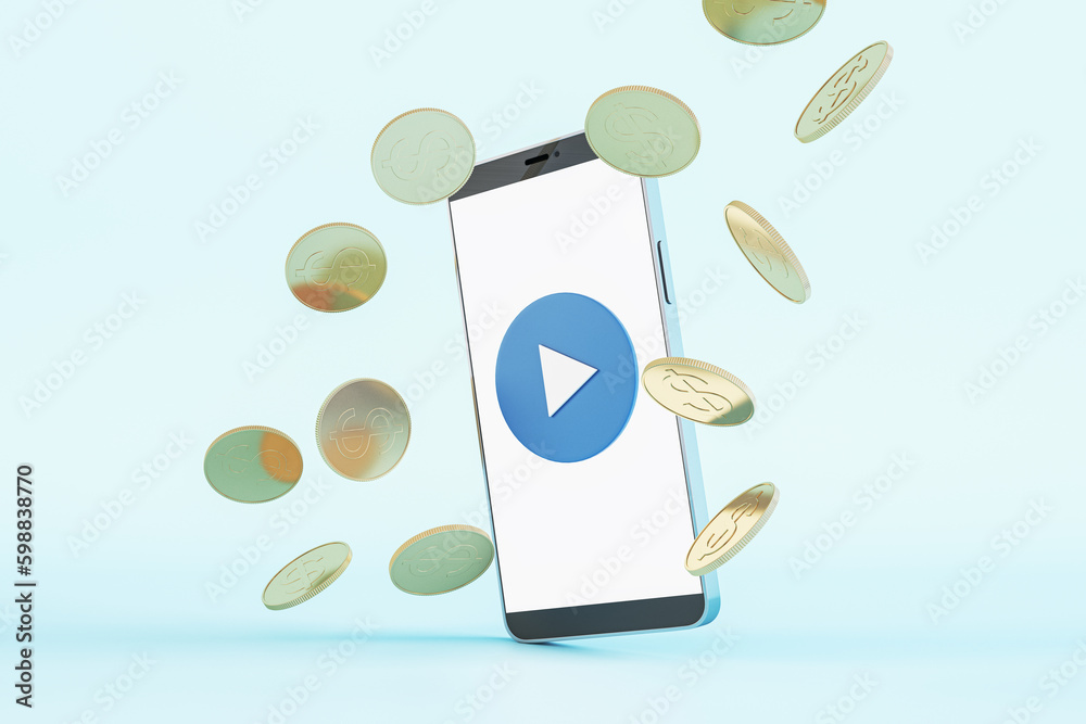 Poster Abstract image of smartphone screen with play button and golden doller coins rain on light blue backdrop. Cash back and gambling concept. 3D Rendering.