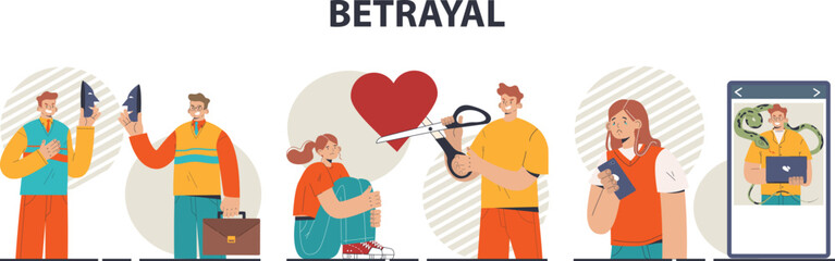 Betrayal concept set. Dishonest partnership or fake agreement. Hidden threat