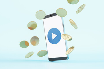 Abstract image of smartphone screen with play button and golden doller coins rain on light blue backdrop. Cash back and gambling concept. 3D Rendering.