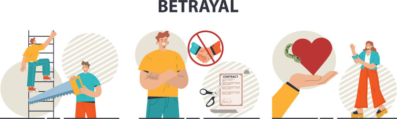 Betrayal concept set. Dishonest partnership or fake agreement. Hidden threat