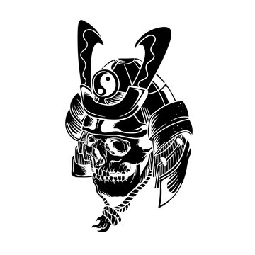 recommend clip art: Hand drawn illustration of samurai skull head silhouette