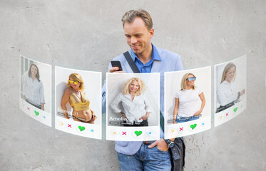 Man viewing different women profiles on dating app. Concept of online dating. - obrazy, fototapety, plakaty