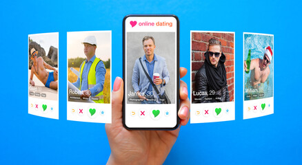 Different men profile photos on sample online dating app - obrazy, fototapety, plakaty
