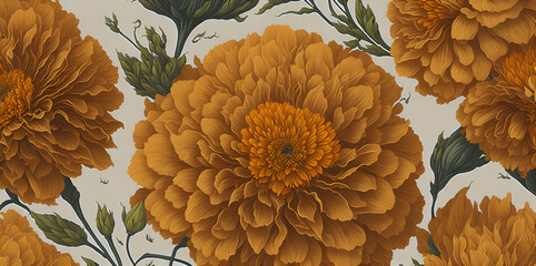 Marigold Floral Pattern Wallpaper with White Background, Orange and Yellow Flower Pattern, Generative AI