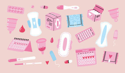 Cute hand drawn menstrual periods set: sanitary pads, tampons, menstrual cup, ovulation pregnancy test, fertility calendar menstruation tracker, birth control pills and feminine intimate hygiene stuff