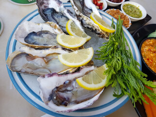 Close-up of oyster food with lemon on top.