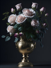 A Bouquet of White Roses in Gold Vases, Generative AI