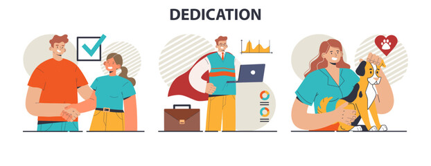 Dedication concept set. Characters corporate loyalty and personal