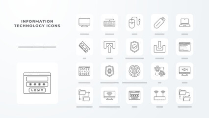 Information technology icons collection with black outline style. network, data, communication, database, cloud, system, server. Vector illustration