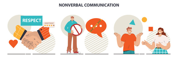 Non-verbal communication set. Body language through interpersonal