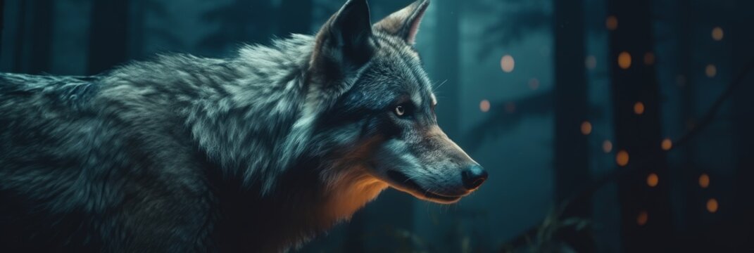 Wolf in a dark and mysterious forest at night. Generative AI