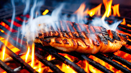 Grilled fish salmon steak on the grill, close-up. Generative AI.