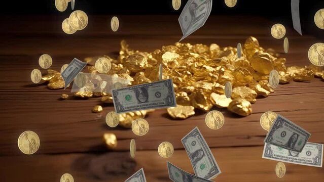 Enthralling Video of Gold Rush with Falling Bank Notes and Coins