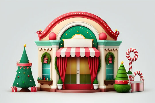 Generative AI illustration of christmas store with christmas tree and candy cane