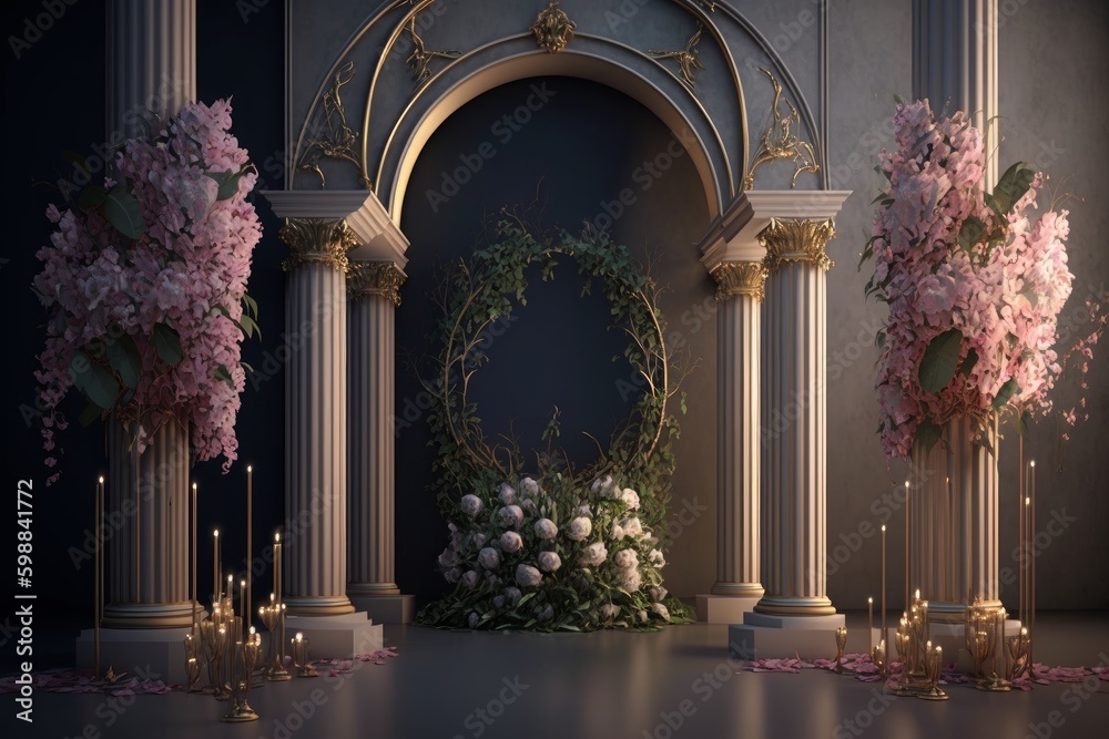 Wall mural wedding arch with flowers and candles. generative ai