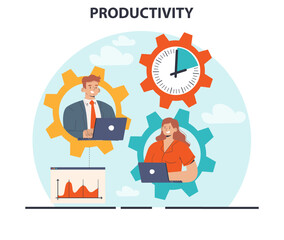 Productivity concept. Character worktime optimization. Employee job