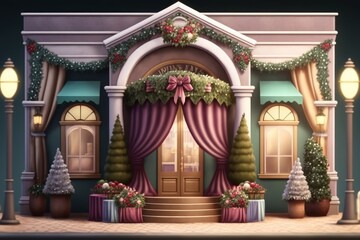 Christmas interior with decorated entrance door. Generative AI illustration. Christmas decorations.