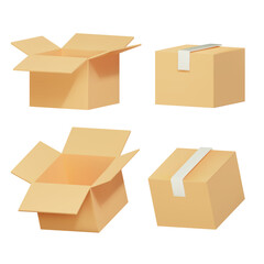 rendering of a set of icons of cardboard boxes for packaging and transportation from different angles. vector 3d illustration