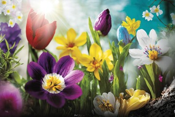 Obraz na płótnie Canvas Spring flowers - crocus, tulip, daffodil. Generative AI