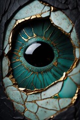 Close up of human green eye with gold and turquoise pattern, Generative AI