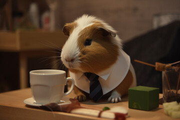 a Guinea pig being a business man and drinking coffee | Generative Ai