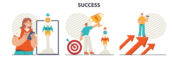 Fototapeta premium Success concept set. Winning in competition. Getting reward or prize