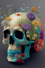 Skull, Love and Flowers on grey background. Day of The Dead.