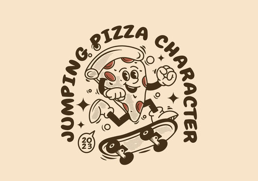 Naklejka Vintage mascot character of pizza jumping on skate board