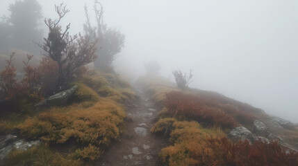 Wandering in the Fog: A Mountain Trail Adventure. Generative AI