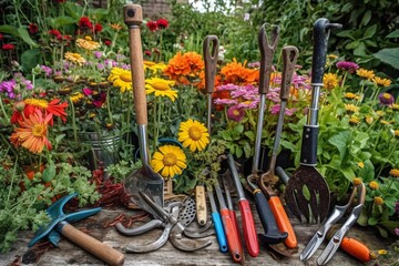 Gardening tools and flowers in the garden