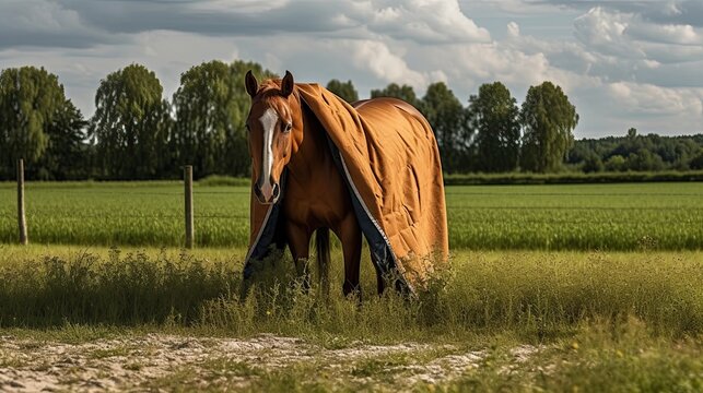 Summer Fly Protection: Portrait of a Horse Safely Rugged in Pasture Outdoors. Generative AI